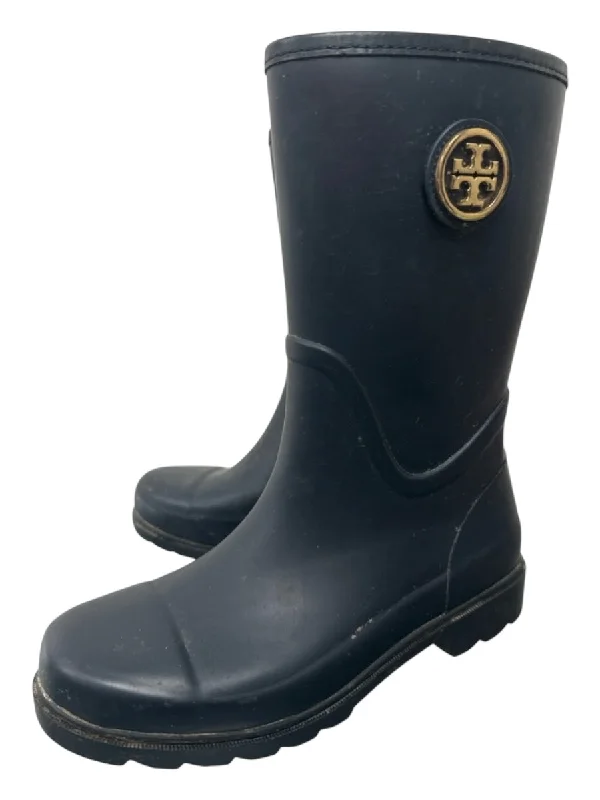 Rain boots for extended wear-Tory Burch Shoe Size 7 Navy Blue Rubber goldtone hardware Rain Boots