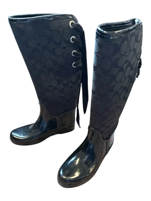 Rain boots with mid-height-Coach Shoe Size 7 Black Canvas & Rubber Logo Lace Up Back Rainboots