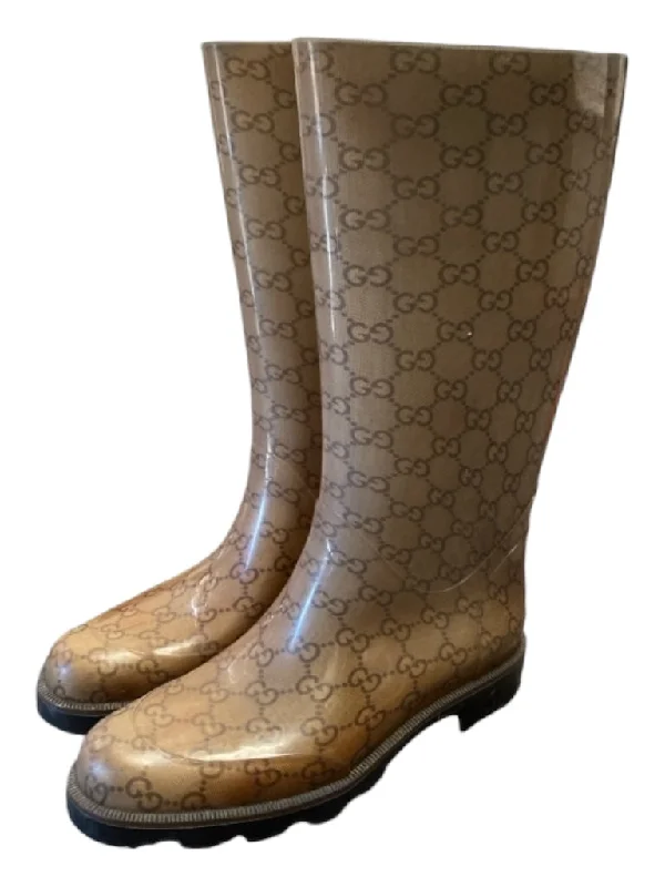 Rain boots for green living-Gucci Shoe Size 37 Tan & brown Rubber Lug Sole Almond Toe Calf Height Rainboots