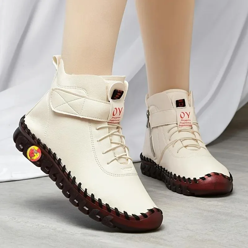 Ankle boots for festival season-OCW Orthopedic Shoes for Women Comfortable Flat Sewing Warm Leather Ankle Boots