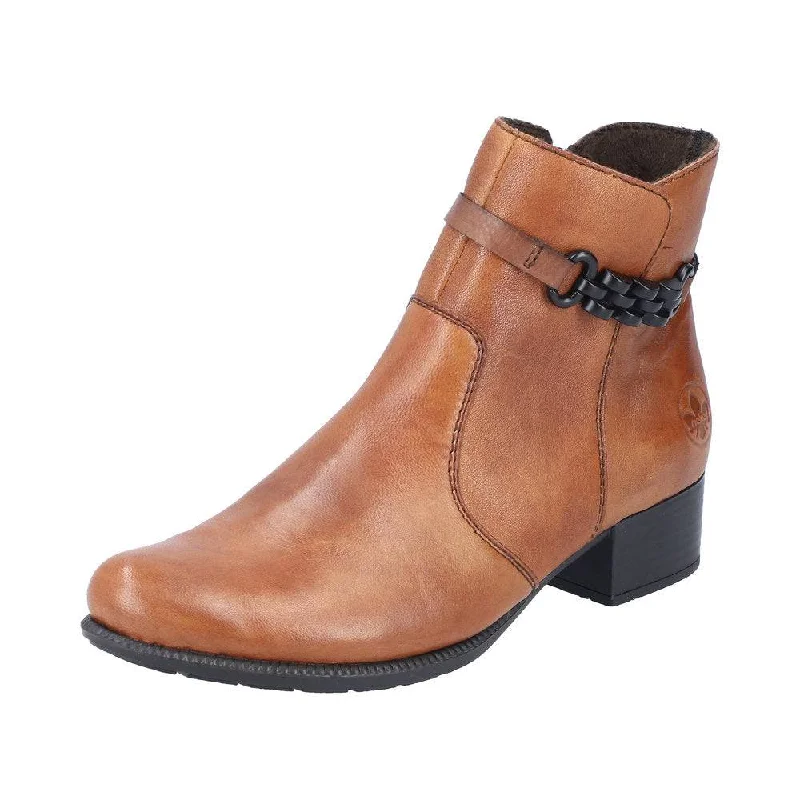 Ankle boots for petites-Rieker 78676-25 Ladies Tobacco Leather Side Zip Ankle Boots