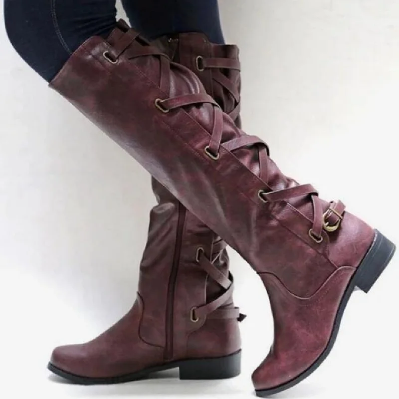 Snow boots for light snow-OCW Women Winter New Knee High Boots Waterproof Leather Made Unique Strap Shoes Design