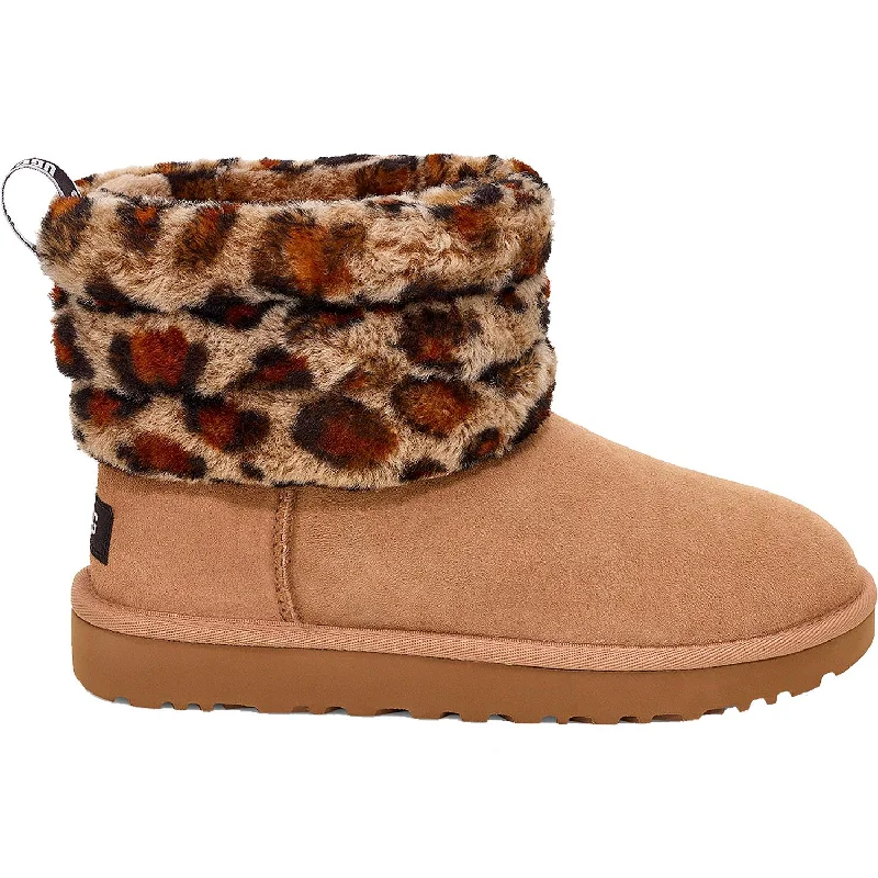 Booties for minimalist soles-Women's UGG Fluff Mini Quilted Leopard Amphora Sheepskin