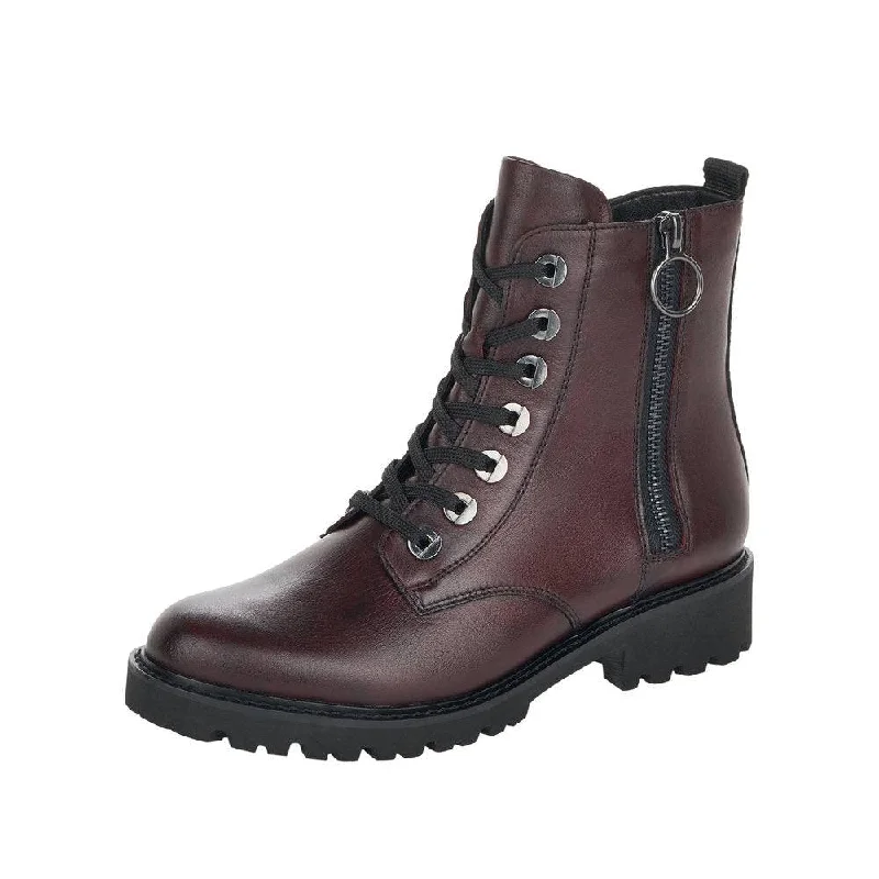 Ankle boots with silver studs-Remonte D8671-35 Ladies Burgundy Leather Zip & Lace Ankle Boots