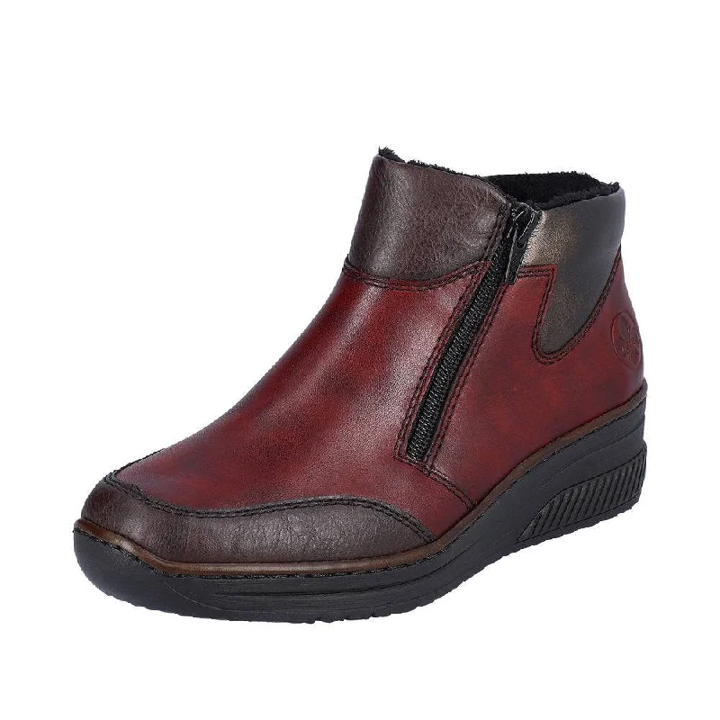 Ankle boots with round toe-Rieker 48754-35 Ladies Red Combi Leather Twin Zip Ankle Boots