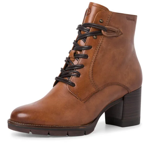 Ankle boots with thick sole-Tamaris 25108-29 348 Ladies Cognac Leather Zip & Lace Ankle Boots