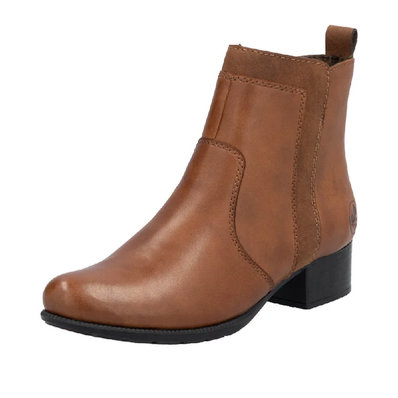 Ankle boots with premium suede-Rieker 78658-22 Ladies Brandy Leather Side Zip Ankle Boots