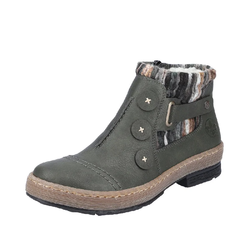 Ankle boots with pointed toe-Rieker Z6759-54 Ladies Green Side Zip Ankle Boots