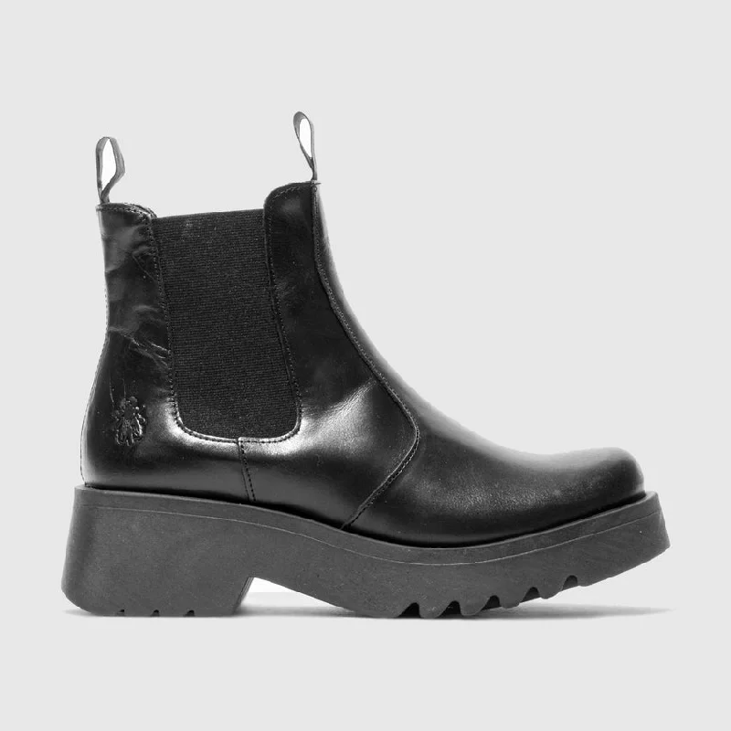 Ankle boots for work-Fly Medi789 Ladies Rug Black Leather Pull On Ankle Boots