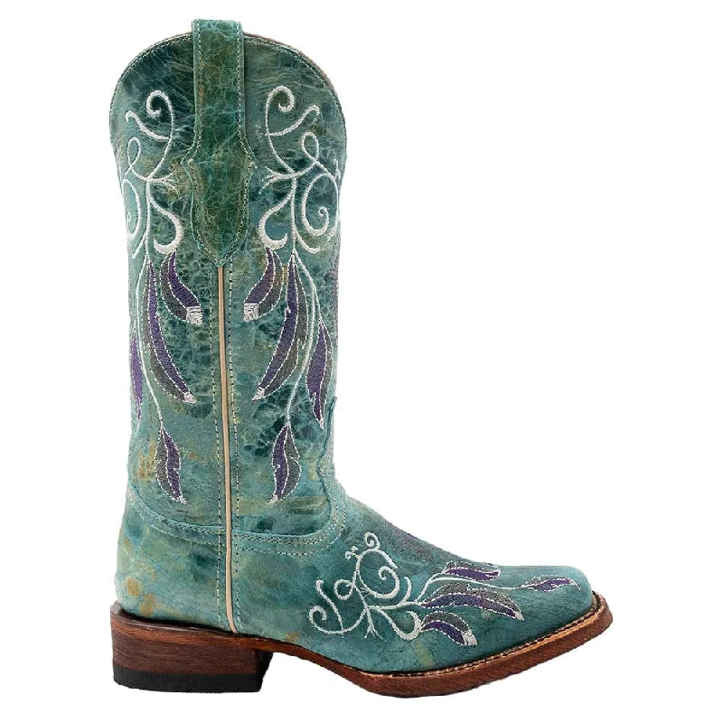 Rain boots with hard rubber-Ferrini Dreamer Sea Foam Embroidered Full Grain Leather Narrow Square Toe Boots