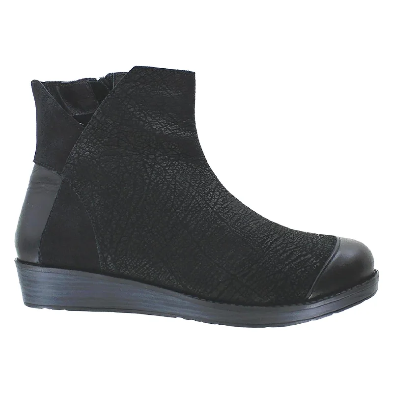 Booties for trendy soles-Women's Naot Loyal Black Crackle/Black Raven Leather