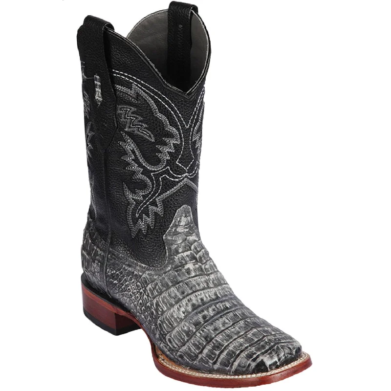 cowboy boots for men with square heel for modern touch-Cowboy boots with velvet finishLos Altos 8228281 Men's Sahara Rustic Black Genuine Caiman Belly Wide Square Toe Cowboy Boots