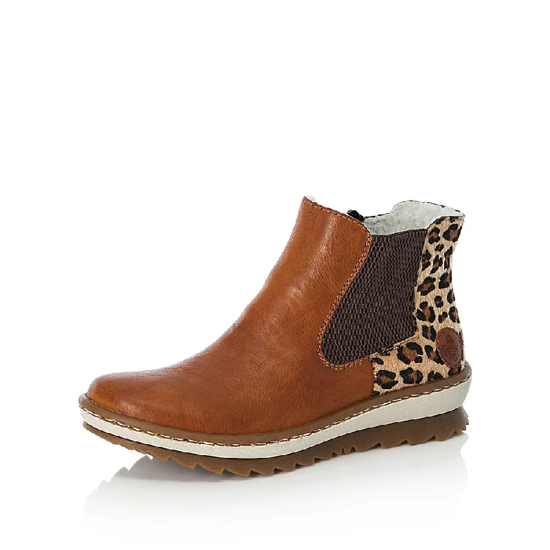 Ankle boots with square toe-Rieker Z8689-24 Ladies Tan and Leopard Print Synthetic Side Zip Ankle Boots