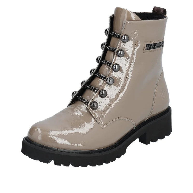 Ankle boots with embroidery-Remonte D8670-20 Ladies Taupe Patent Leather Zip & Lace Ankle Boots