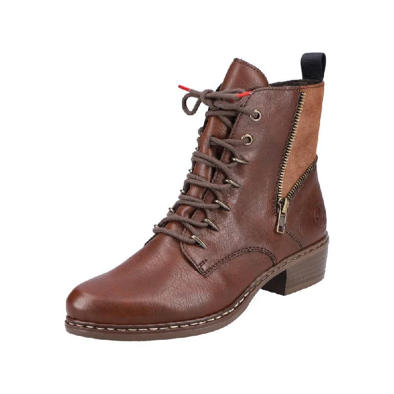 Ankle boots with dense cushioning-Rieker Y0800-24 Ladies Brown Zip & Lace Ankle Boots