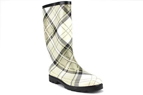 Rain boots with padded sole-Women's Rubberboot Calf High Plaid Design Rain Boots