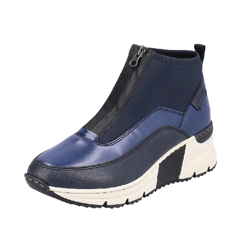 Ankle boots with block heel-Rieker N6352-14 Ladies Blue Front Zip Ankle Boots