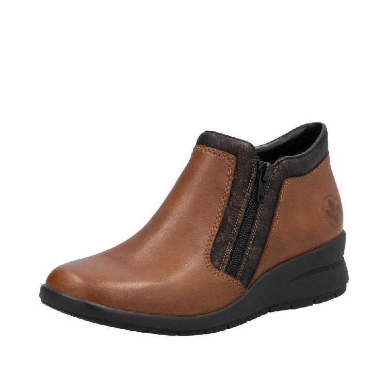 Ankle boots with thick platform-Rieker L4883-24 Ladies Brown Leather Twin Zip Ankle Boots