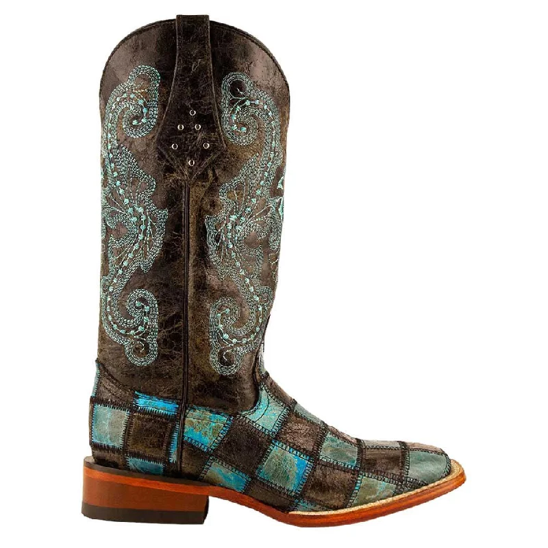 Rain boots with solid tread-Ferrini Patchwork Ladies Black/Teal Full Grain Square Toe Leather Boots