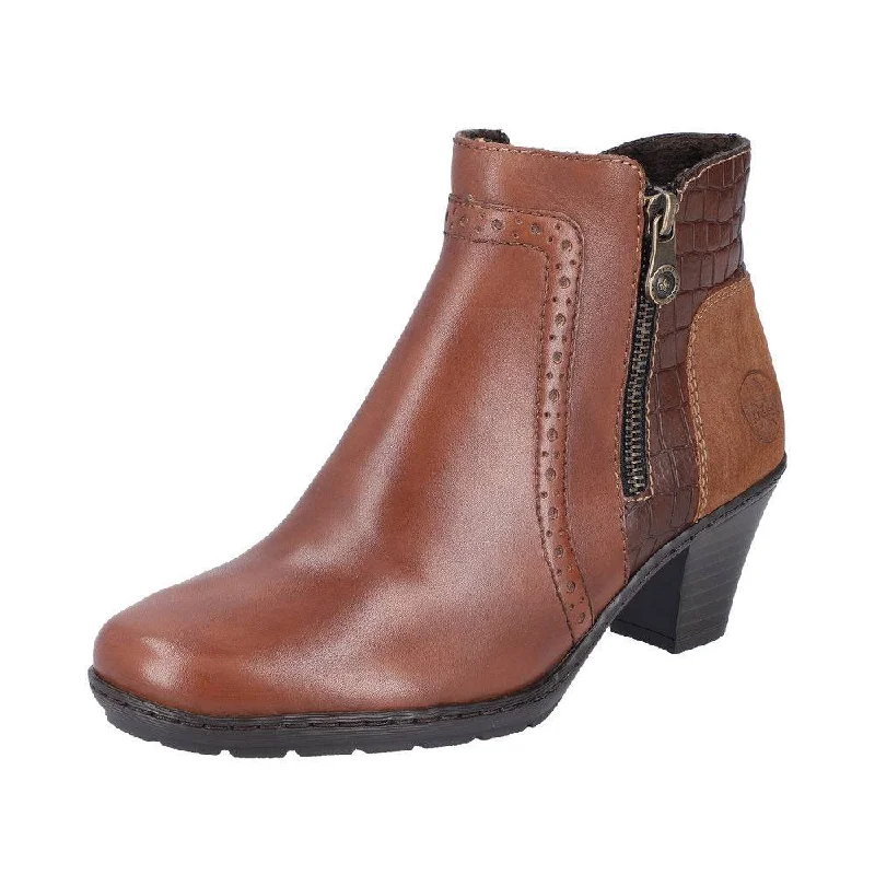 Ankle boots for casual outfits-Rieker 57186-24 Ladies Brandy Leather Side Zip Ankle Boots