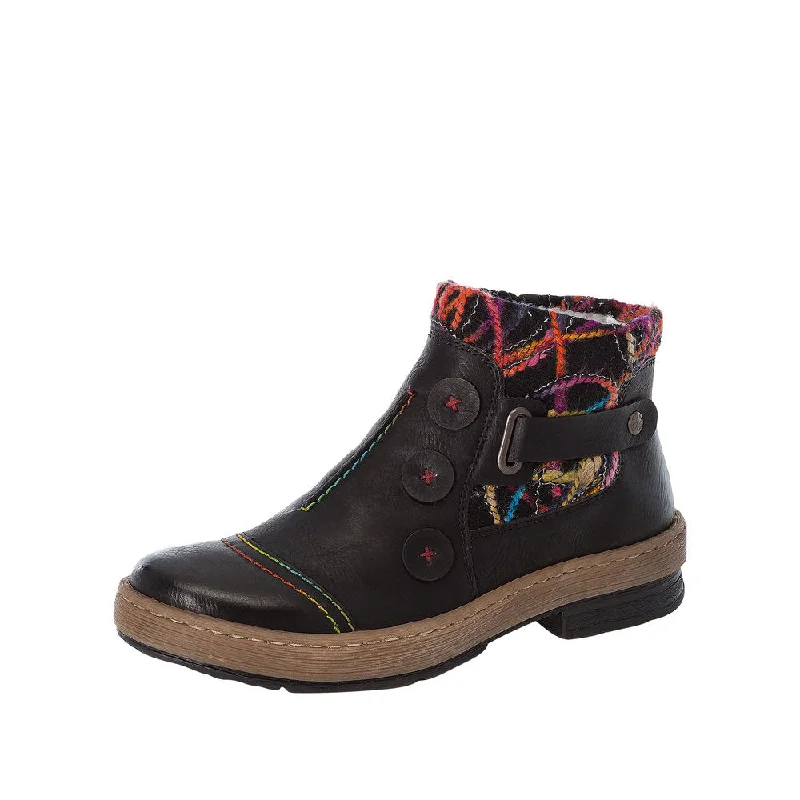 Ankle boots for minimalist wardrobe-Rieker Z6759-00 Ladies Black Multi Synthetic Side Zip Ankle Boots