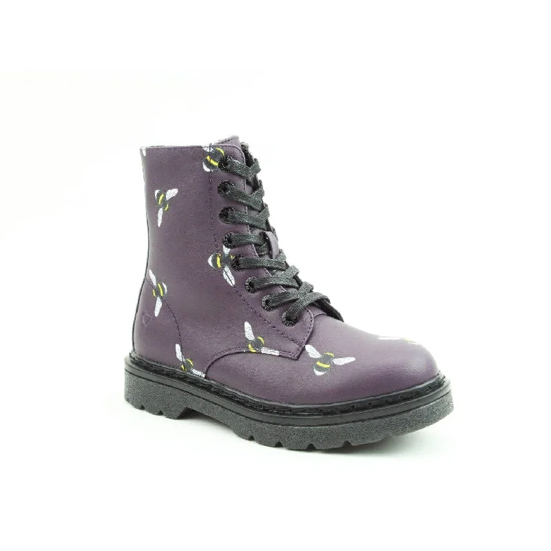 Ankle boots for event looks-Heavenly Feet Justina 2 Bee Print Ladies Purple Vegan Zip & Lace Ankle Boots