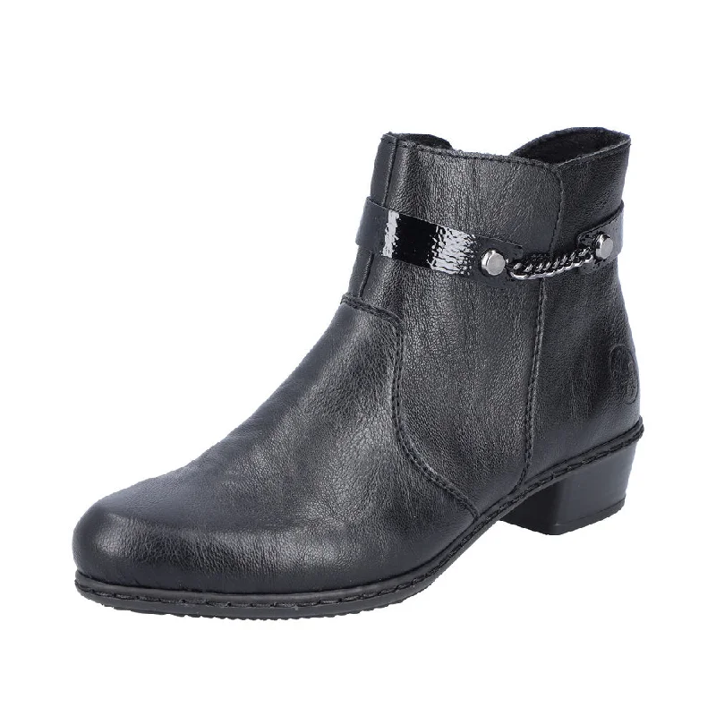 Ankle boots with metallic finish-Rieker Y0783-00 Ladies Black Side Zip Ankle Boots