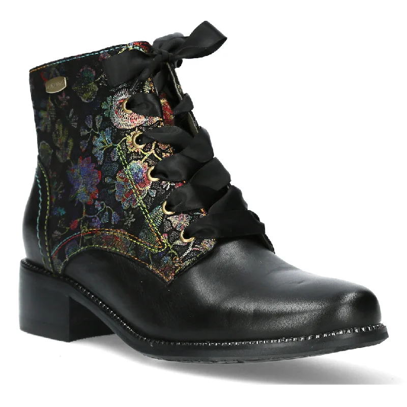 Ankle boots with moon embroidery-Laura Vita Emcmao 05 Ladies Black Leather & Textile Zip & Lace Ankle Boots