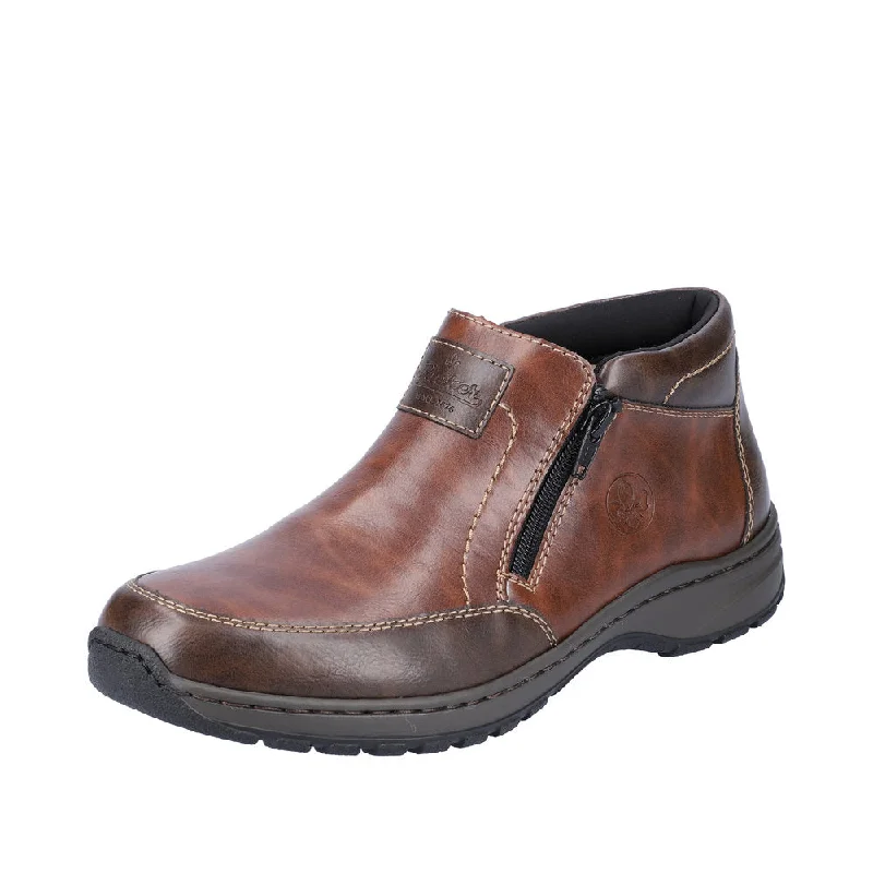 Ankle boots with brass buckles-Rieker 03352-24 Mens Brown Leather Twin Zip Ankle Boots