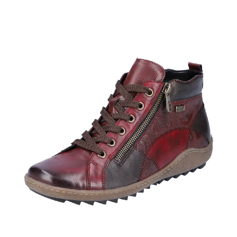 Ankle boots with wedge heel-Remonte R1467-35 Ladies Vino Red Multi Leather Water Resistant Zip & Lace Ankle Boots