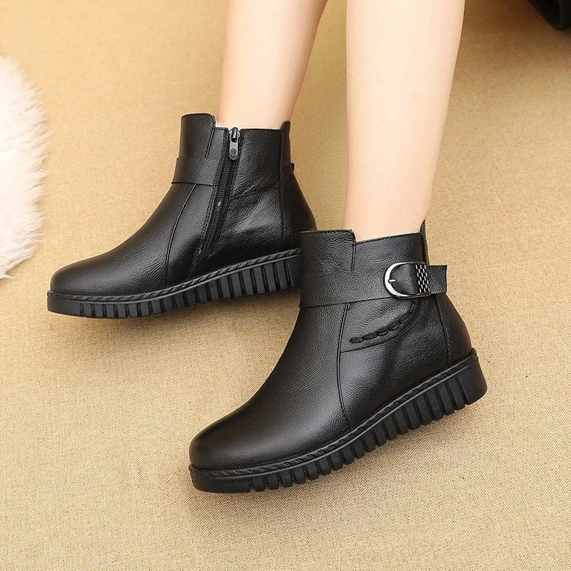 Ankle boots with metallic studs-OCW Orthopedic Women Boot Waterproof Leather Made Super Warm Fur Winter AntiSlip Ankle Boots