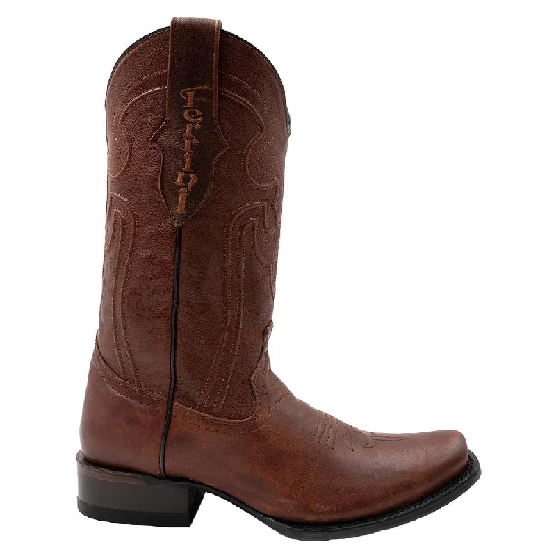 Rain boots with petal pattern-Ferrini Wyatt Brandy Full Grain Narrow Square Toe Leather Cowboy Boots