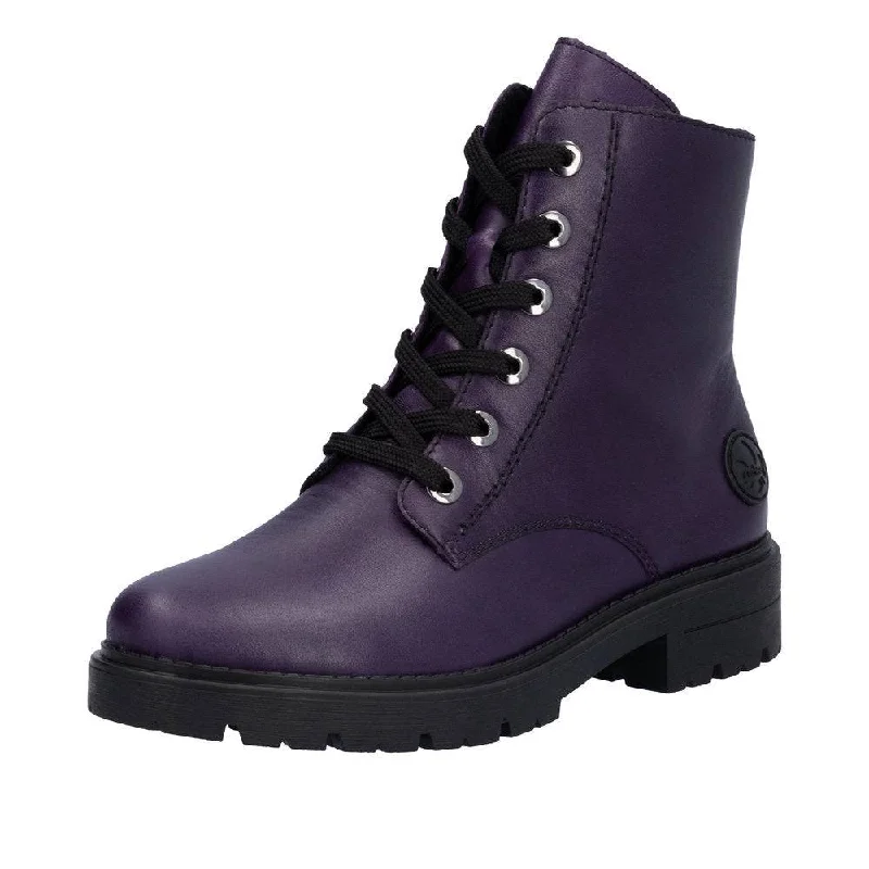 Ankle boots for extra wide feet-Rieker Z2841-30 Ladies Aubergine Purple Leather Zip & Lace Ankle Boots