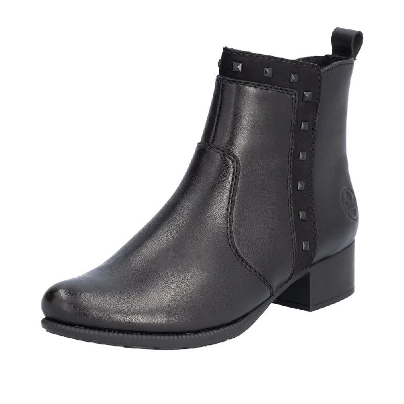 Ankle boots for night style-Rieker 78657-00 Ladies Black Leather Side Zip Ankle Boots