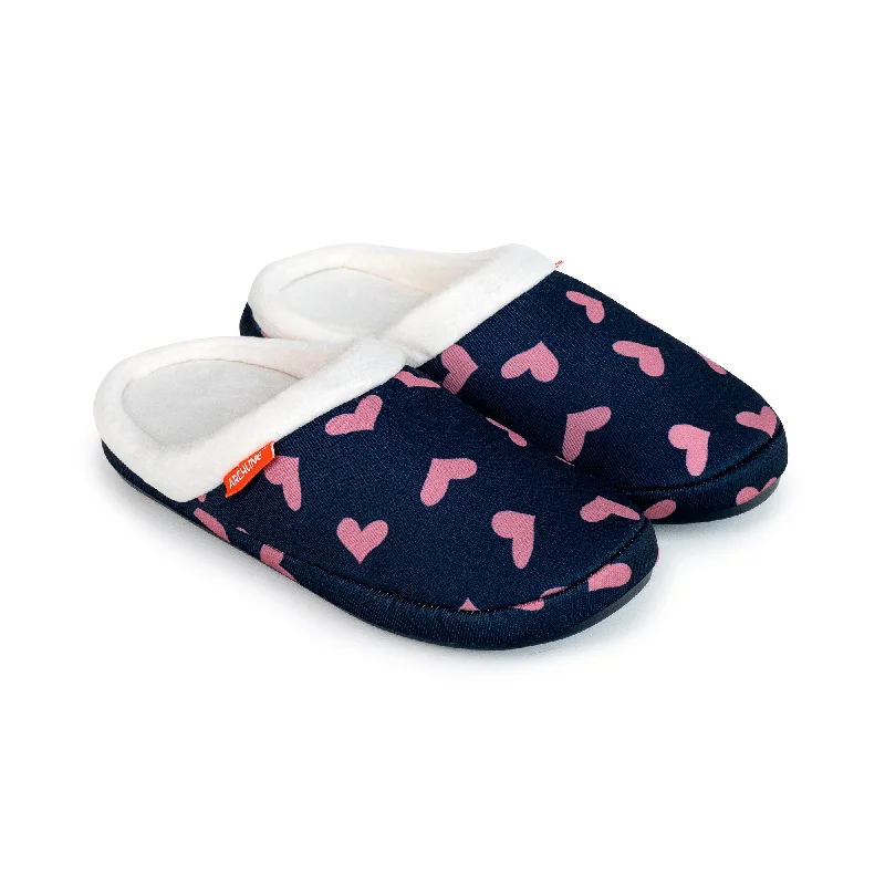 Slippers for holiday giftsArchline Orthotic Slippers Slip-On – Navy with Pink Hearts