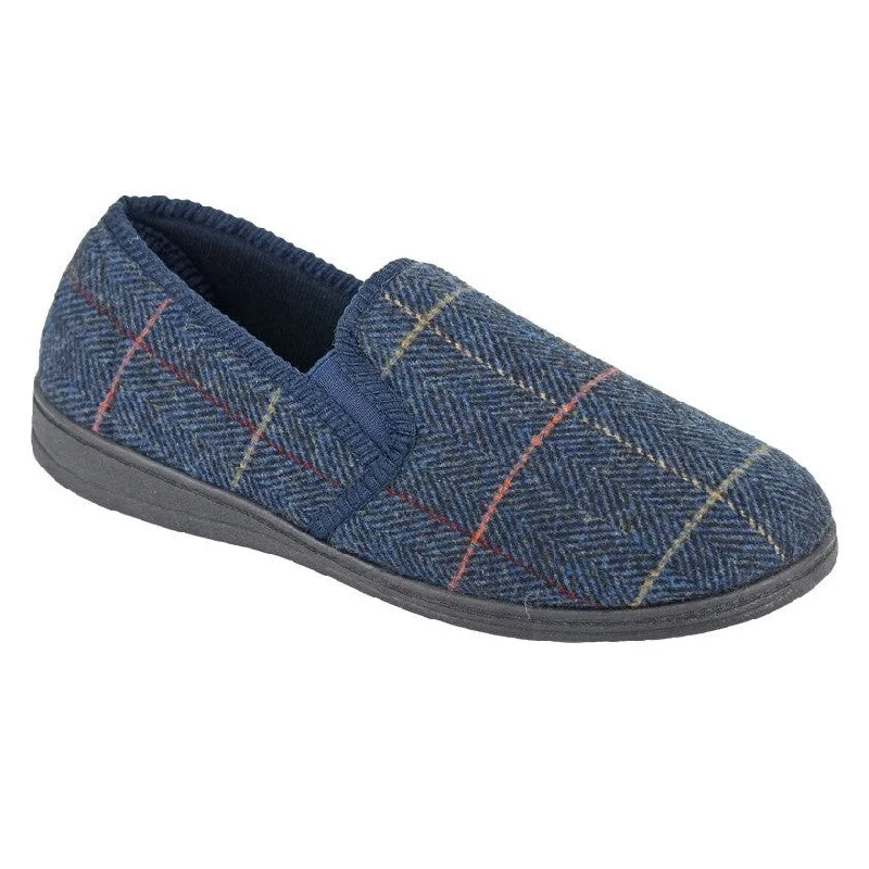 Slippers for relaxed feetSleepers MS404C Kenny Mens Navy Blue Herringbone Textile Slippers