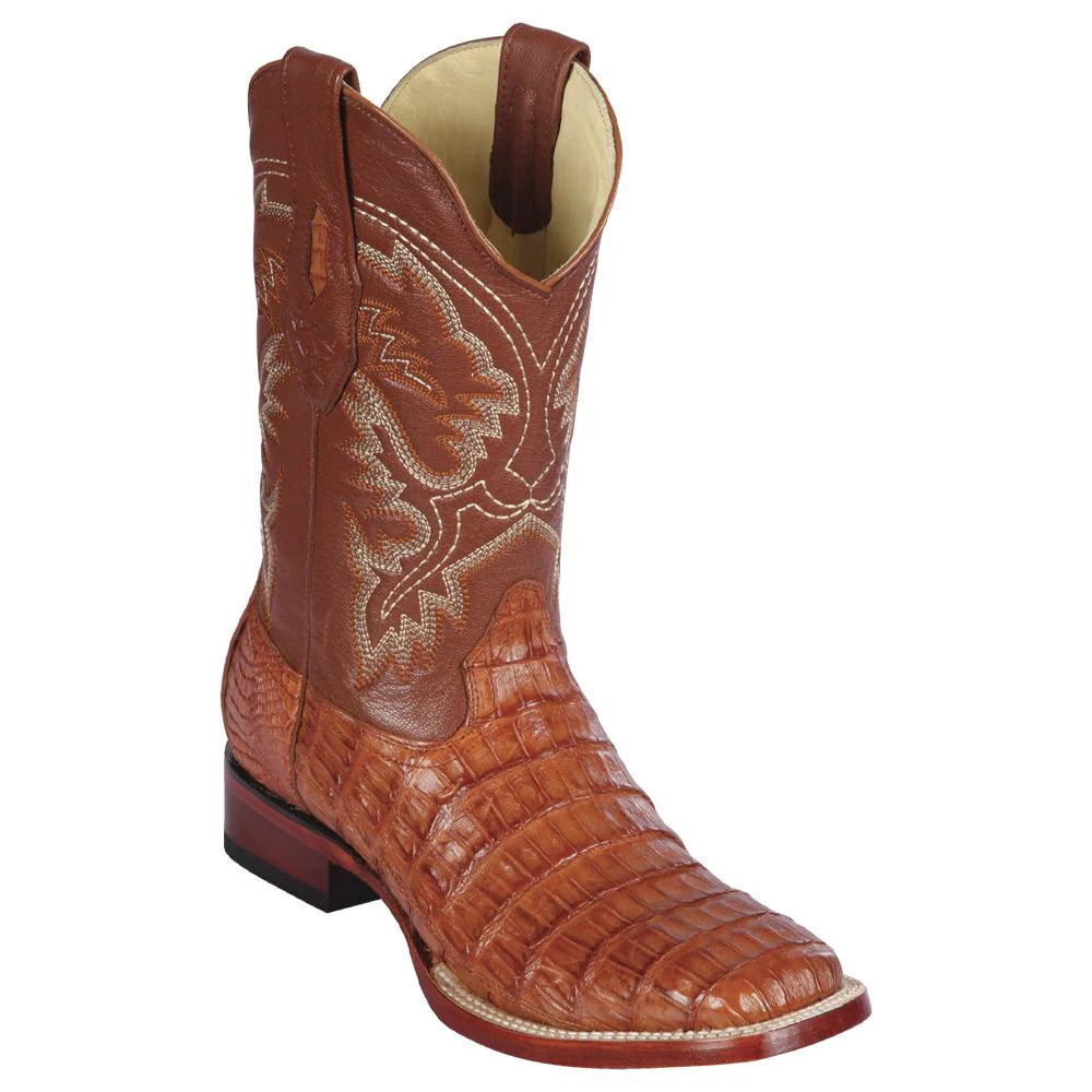 cowboy boots for men with burnished leather for a worn-in look-Cowboy boots with reinforced heelLos Altos 822A8203 Men's Cognac Genuine Caiman Belly Wide Square Toe Cowboy Boots