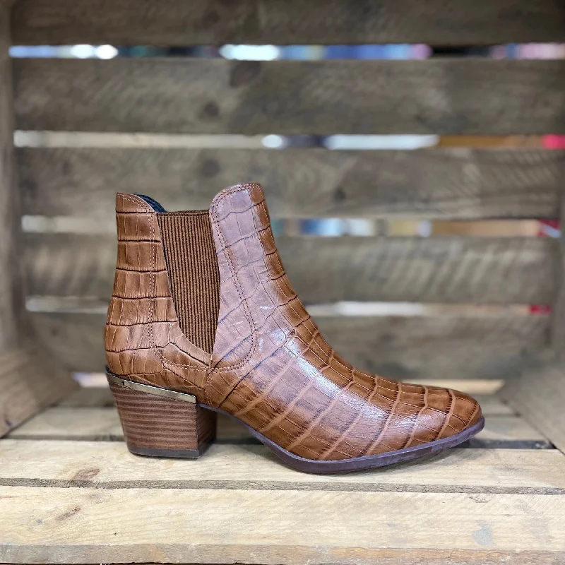 Ankle boots with side zipper-Elevate Your Sole 63500 Ladies Tan Croc Leather Pull On Ankle Boots