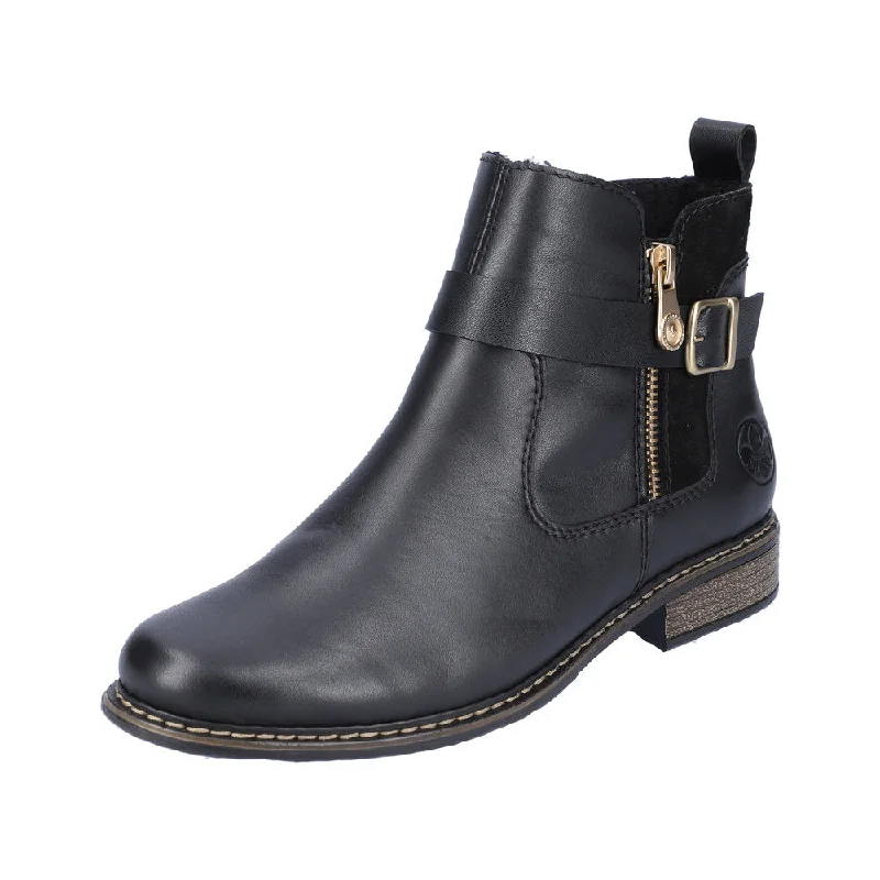 Ankle boots for tall women-Rieker Z4959-00 Ladies Black Leather Side Zip Ankle Boots