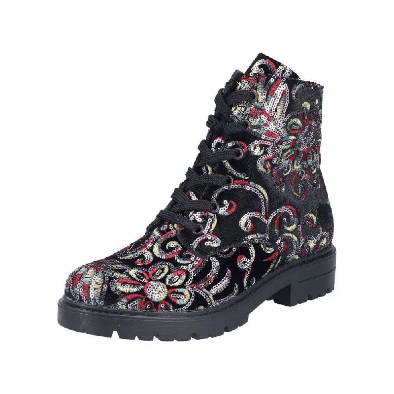 Ankle boots with artsy print-Rieker Z2841-90 Ladies Black Zip & Lace Ankle Boots