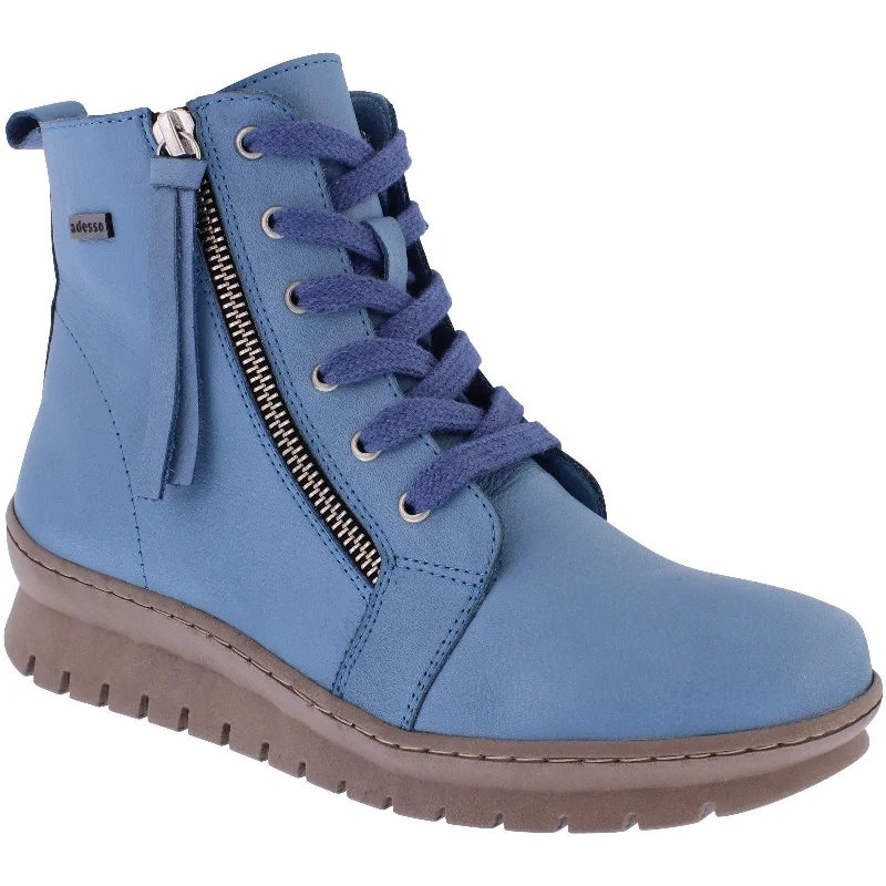 Ankle boots for fall-Adesso A7044 Kirsty Ladies Denim Blue Leather Zip & Lace Ankle Boots