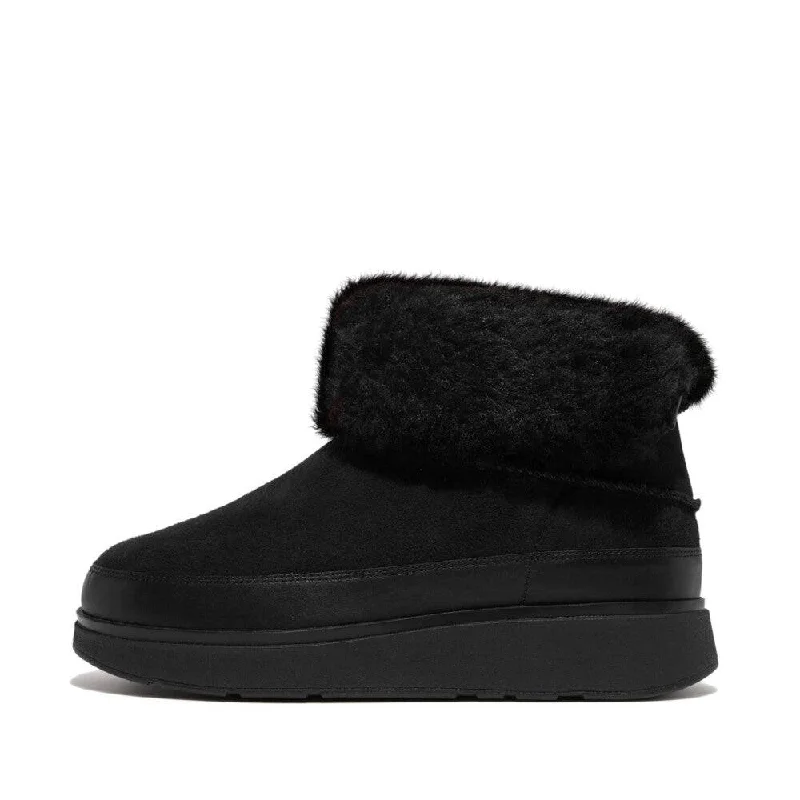 Ankle boots for regular comfort-FitFlop GS6-090 Gen-FF Mini Shearling Ladies All Black Leather & Textile Pull On Ankle Boots