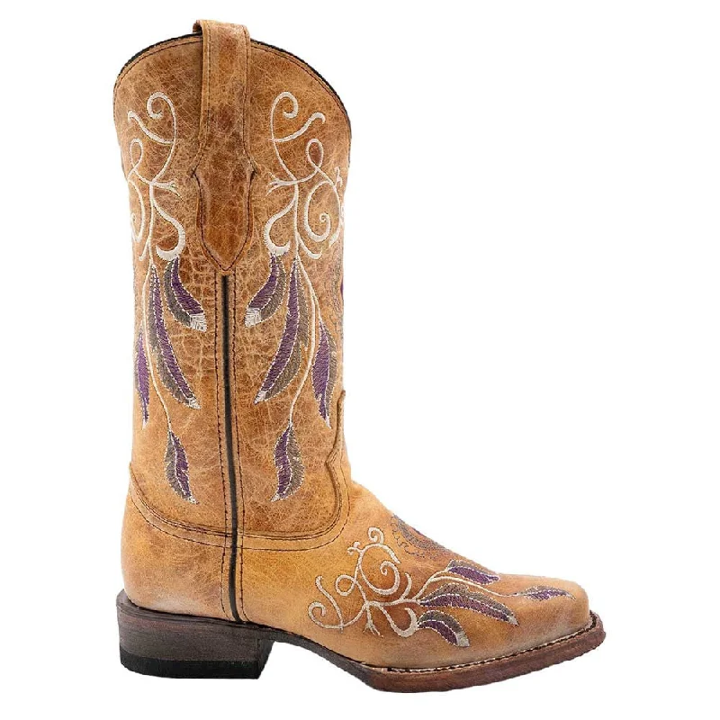 Rain boots with shin-high design-Ferrini Dreamer Antique Saddle Embroidered Full Grain Leather Narrow Square Toe Boots